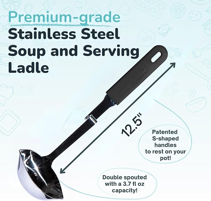 Souper Cubes + Lori Greiner No Mess Stainless Steel Soup Ladle with Silicone Handle - Metal Soup Ladle with No Mess Design That Hooks on Side of Any Pot - Charcoal