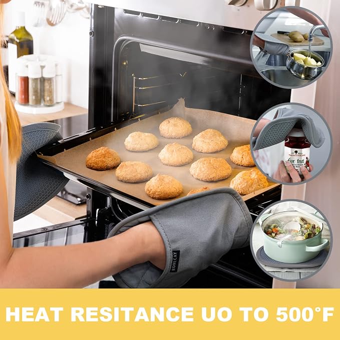 RORECAY 2-Pack Silicone Pot Holders for Kitchen, Hotpad with Pocket, Yellow | Heat Resistant up to 500°F, Quilted Cotton Potholders, Non-Slip & Waterproof Trivets for Hot Pots, Pans, and Countertops