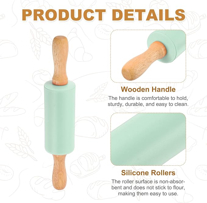 uxcell Rolling Pins for Baking, 9 Inch Silicone Non-Stick Rolling Pin Baking Roller Wooden Handle for Home Kitchen Dough Cookies Pastry, Light Green