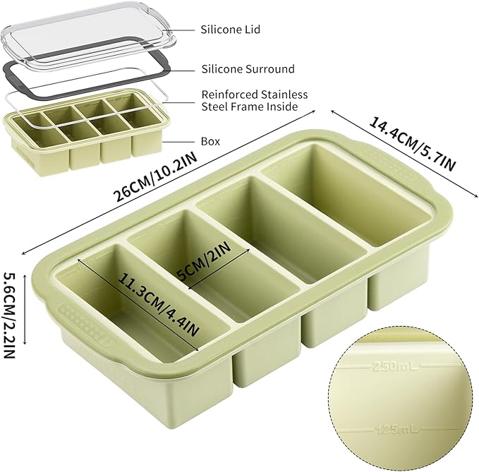 Aichoof 1 Cup Extra Large Silicone Ice Cube Freezing Trays with Silicone lid for soup saver, Freezer Container for broth,sauce, butter -makes 1cup ice Cube(2 PACK) (Light Green, 2 PACK)