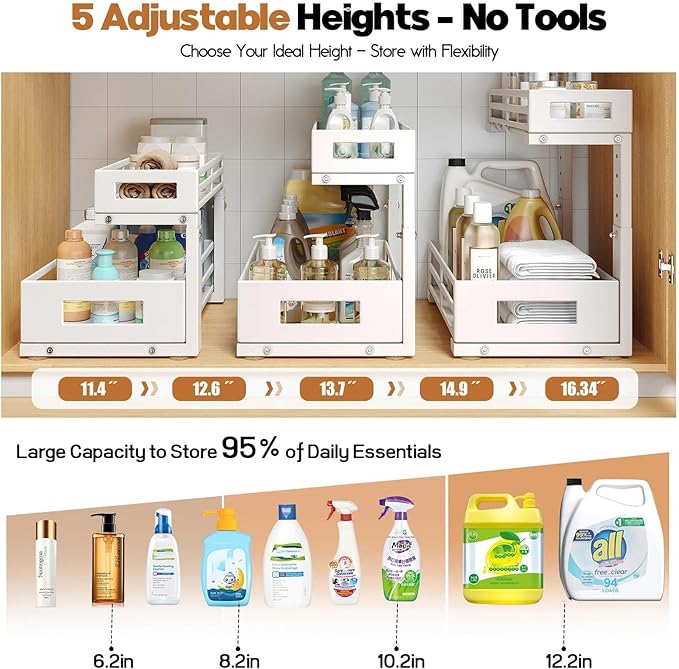 L-Shaped Metal Under Sink Organizer, 2-Tier Double Pull-Out Cabinet Organizer for Kitchen & Bathroom Storage, Height Adjustable, Smooth Cylinder Rail, White, 2 Packs