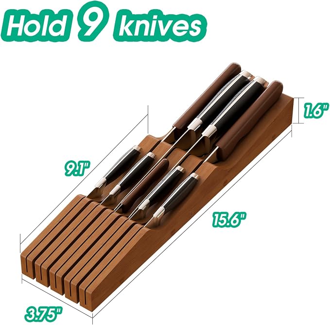 Knife Drawer Organizer, Bamboo Wood Knife Organizer Drawer Insert, Brown Knife Block Fit for 9 Knives