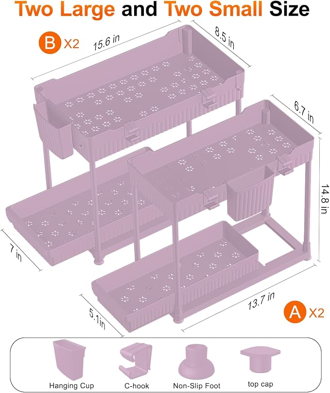 4-Pack 2-Tier Under Sink Organizer with Pull Out Drawers | Multi-use kitchen & bathroom storage. Includes hanging hooks and cups. Pink, space-saving cabinet design. 14.8 Inch