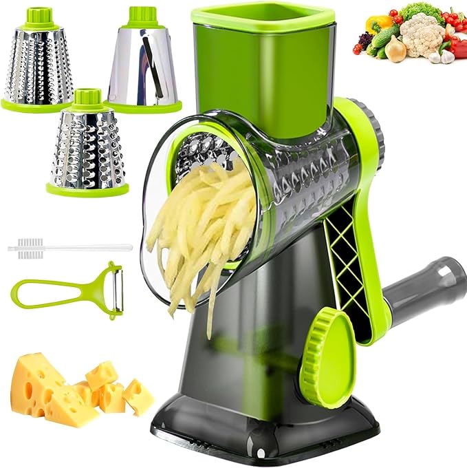Cheese Grater with Handle, Multifunctional Manual Rotary Cheese Grater - Cheese Shredder Easily Chop Carrots, Potatoes, Vegetables and Fruits and Easy to Clean (Green)