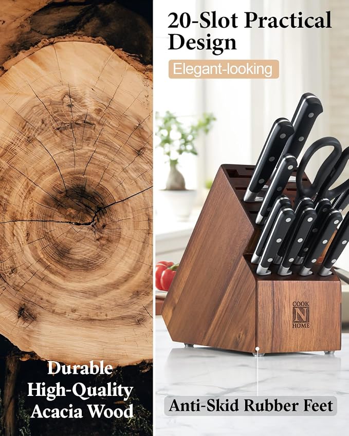 Cook N Home Basics, Acacia Wood Cutlery Storage Block without Knives, Universal Knife Holder Countertop Butcher Block Knife Stand for Easy Kitchen Storage, 20-Slot