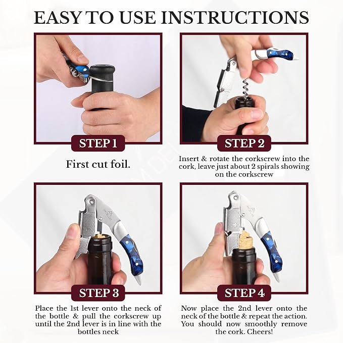 Waiters Corkscrew Wine Opener - Double-Hinged Fulcrum 3-In-1 Cork Screw Wine Bottle Opener Heavy Duty Stainless Steel & Sapphire Resin. Serrated Foil Cutter. Beer Opener. Magnetic Gift Box