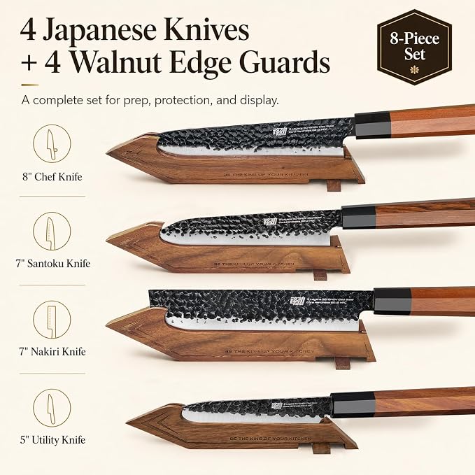 FINDKING Kitchen Knife Set with Individual Wooden Blocks, 4 Japanese Knives with Walnut Edge Guards, High Carbon Steel Blades, for Meat, Fruits, Vegetables, Dynasty Series