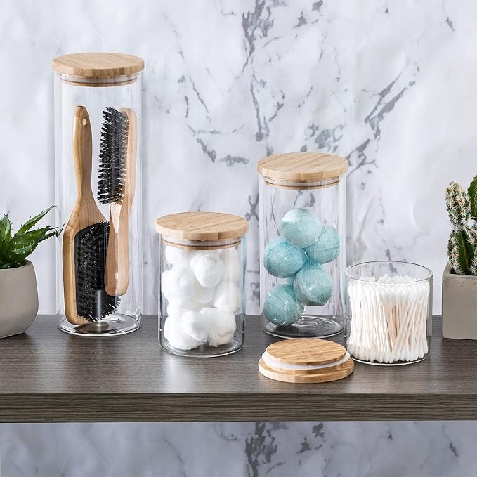 Set of 5 Glass Kitchen Canisters with Airtight Bamboo Lid - Glass Storage Jars for Pantry Organization and Bathroom for Flour, Coffee, Cookie Jar, Candy, Snack, Pasta, Rice, Sugar Packet Holder