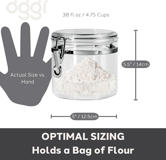 Oggi Clear Canister with Clamp Lid, 38 oz - Large Airtight Food Storage Container, for Kitchen & Pantry Storage of Bulk, Dry Foods Including Pasta, Flour, Sugar, Coffee, Rice, Tea, Spices & Herbs