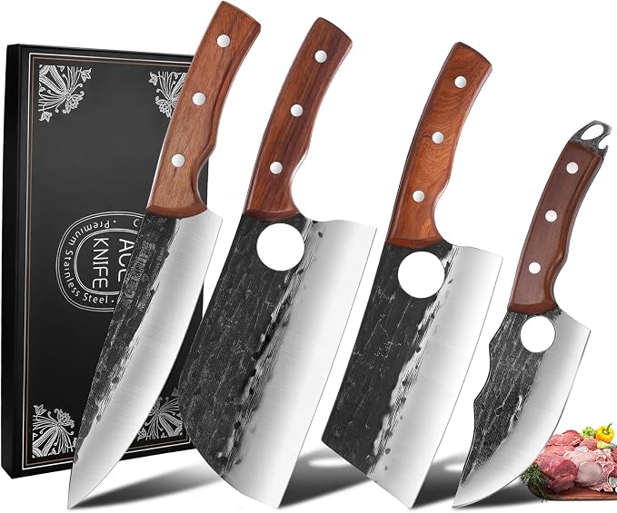 4-Piece Hand Forged Serbian Chef Knife Set | Professional Meat Cutting Set, Ergonomic Wood Handles, Ideal for Kitchen, BBQ & Outdoor Use