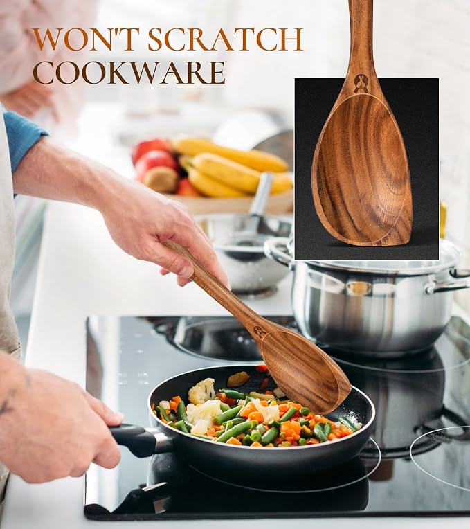 Wooden Spoons for Cooking, Natural Premium Teak Wood Corner Spoon, Good Grip Large Wooden Spoons & Wooden Spatula, Heat Resistant Wooden Cooking Utensils for Nonstick Cookware Cooking Gift - Left Hand