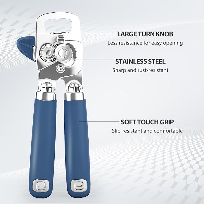 Safring Can Opener Manual, Heavy Duty Stainless Steel Smooth Edge Can Opener With Soft Touch Handle, Oversized Handheld Easy Turn Knob, Multi-Function Bottle Opener, Blue