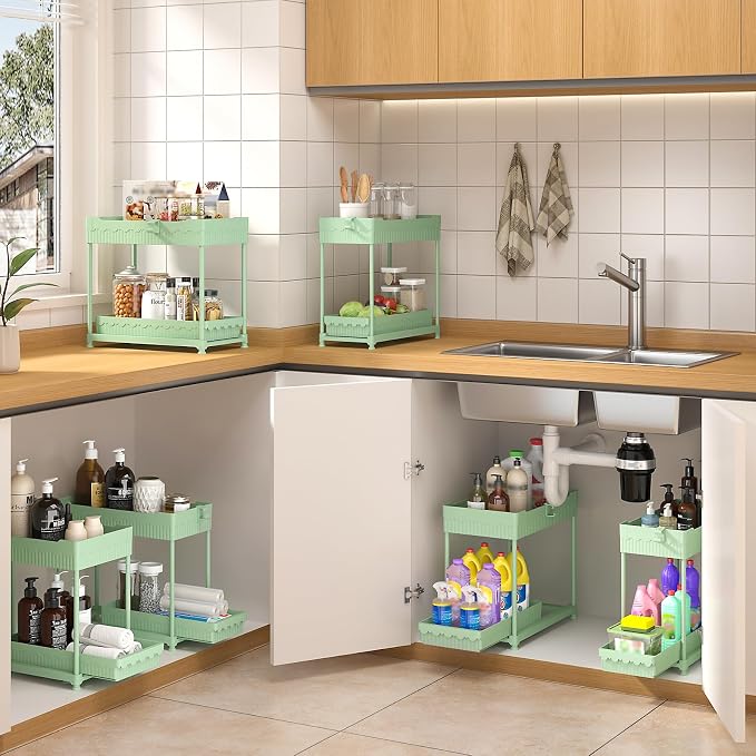 3-Pack 2-Tier Under Sink Organizers with Sliding Drawers | Multi-use kitchen & bathroom storage, 12.8 inch green cabinet organizer, space-saving sliding drawer design.