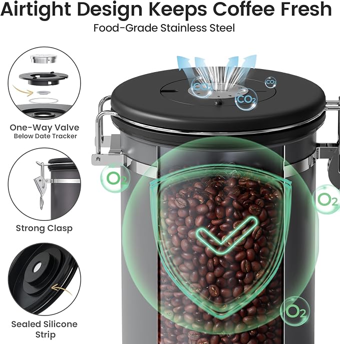 Veken Coffee Canister with Window, Airtight Stainless Steel Container, 22OZ | Date Tracker,Kitchen Food Storage Organizers for Beans, Ground, Espresso, Rice,Tea, Sugar,Cereal, Gifts,Lids,Jars, Scoop,Grey