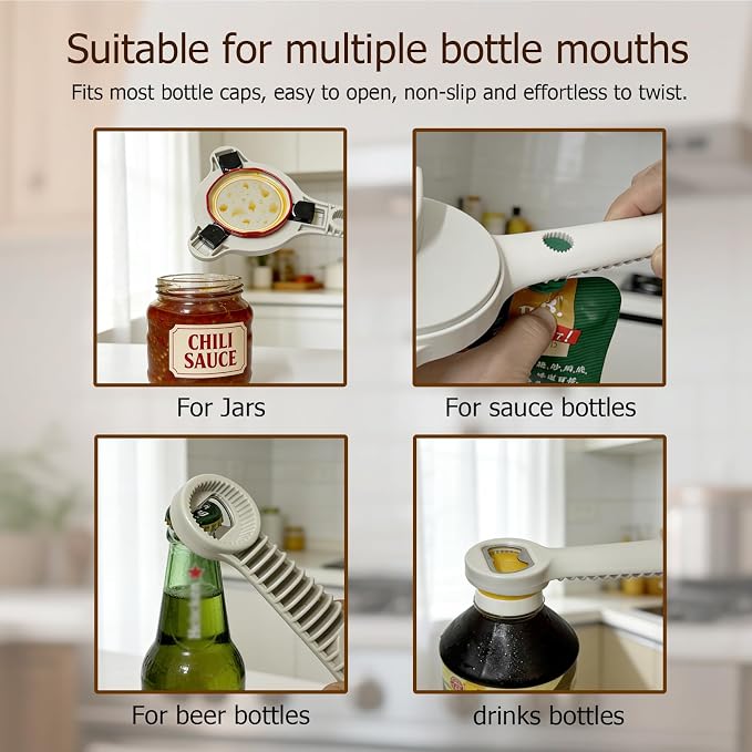 4-in-1 Jar Opener, Adjustable Jar Opener for Seniors, Kitchen Tool Designed Specifically for Seniors and Those with Limited Physical Strength, Suitable For Beer, Salad Dressing, Jar(White)
