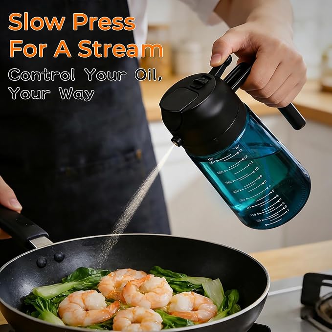 Glass Olive Oil Sprayer for Cooking (16oz/470ml), 2 in 1 Olive Oil Dispenser Bottle for Kitchen Gadgets and Air Fryer Accessories, Salad, BBQ (2-Pack, Blue White)