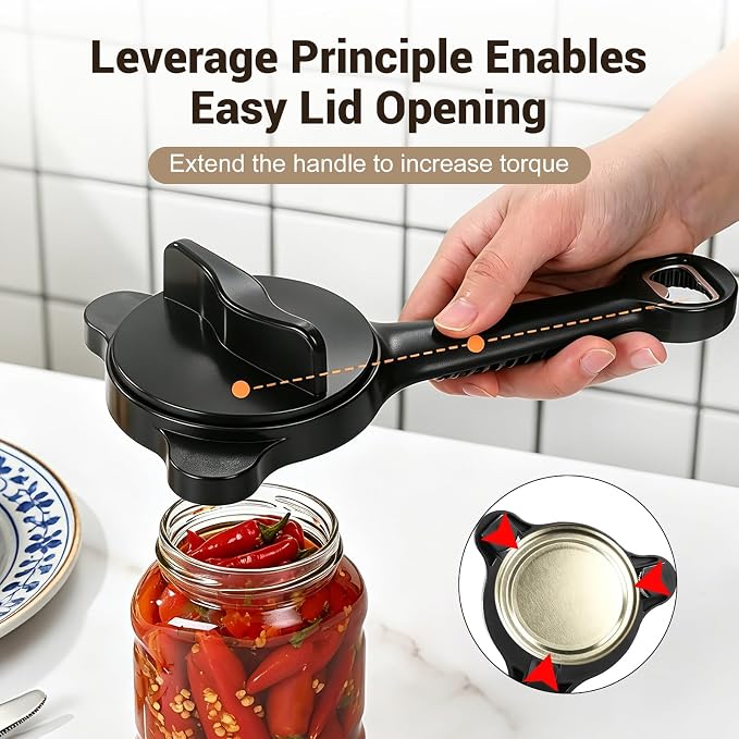 4-In-1 Adjustable Jar Opener for Seniors & Weak Hands, Lid Opener with Non-Slip Grip, Stainless Steel Jar Lid Opener, for Jars, Bottles & Cans (Black)