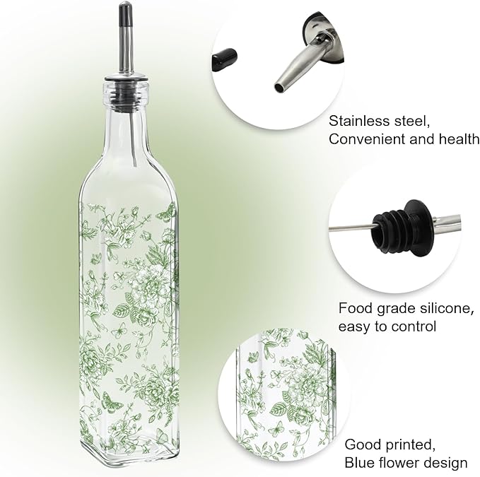 JarThenaAMCS Chinoiserie Olive Oil Dispenser Bottle Green Floral Glass Cruet Bottle with Spout Cooking Vinegar Container for Home Kitchen Table Countertop Decor