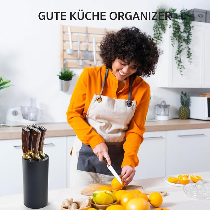Knife Block Without Knives, Cheerhom Universal Round Knife Block Black, Knife Blocks with Bristles, Empty Knife Block for Kitchen, Kitchen Knife Holder for Easy Cleaning, 20 x 11 x 11 cm, (V1)