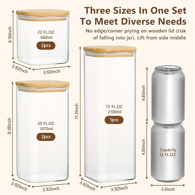 KEYWING Multi Size Glass Pantry Storage Containers with Lids, Set of 5 | Square Glass Food Storage Containers, Glass Jar for Spaghetti, Pasta, Flour, Sugar, Cereal, Coffee Beans, Spices