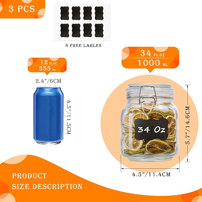 34oz Square Glass Food Storage Jars with Airtight Clamp Lids 3 Pack | Small Kitchen Canisters for Flour, Cereal, Coffee, Pasta, Pickling and Canning, Mason Jar Wide Mouth