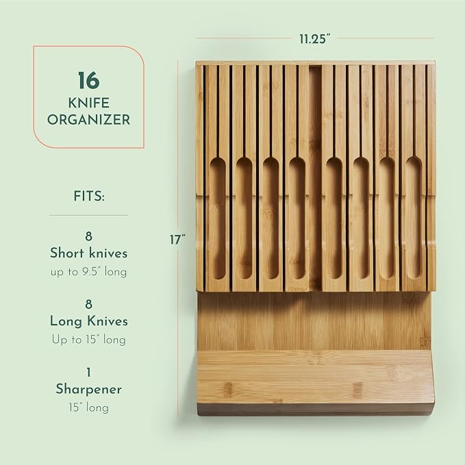 High-Grade 100% Bamboo Knife Drawer Organizer - 16 Knife Slots Plus a Sharpener Slot, Knife Organizer for Kitchen Organization, Durable, Secured, Practical, Eco-Friendly, Knife Block without Knives.