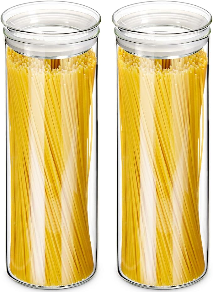 ZENS Glass Spaghetti Storage Container, 65oz Tall Glass Jars Set of 2 | Borosilicate Glass Canisters with Airtight Lids, Spaghetti Pasta Airtight Storage Jars for Kitchen Pantry