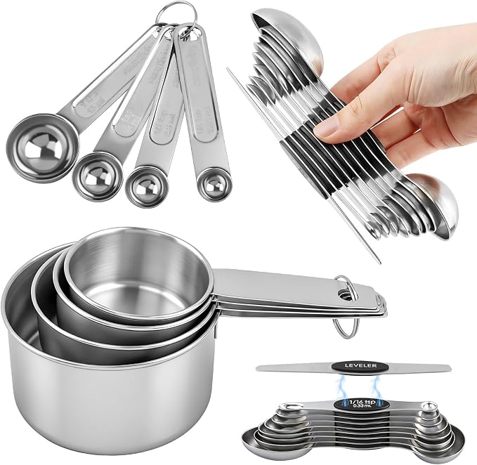 Measuring Cup and Magnetic Measuring Spoons Set, 8 Stainless Steel Nesting Measuring Cup & 8 Double Sided Stackable Magnetic Measuring Spoons & 1 Leveler for Cooking Dry & Liquid Ingredients