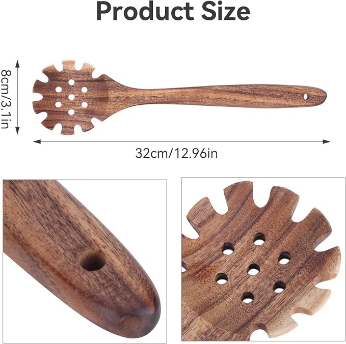 Spaghetti Spoon, Wood Pasta Server Wooden Pasta Spoon with Teeth 12.6inch Strainer Noodle Fork for Home Kitchen Cooking