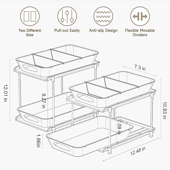 2-Pack 2-Tier Under Sink Organizer with Pull Out Drawers | Multi-use kitchen & bathroom storage. Includes hanging hooks and cups. transparent, space-saving cabinet design. 12.8 Inch