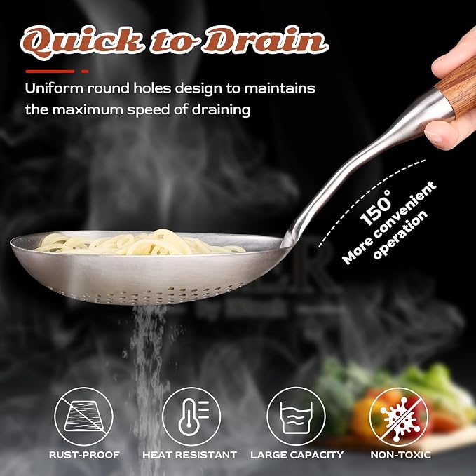 Skimmer Slotted Spoon - 304 Stainless Steel Mesh Strainer Spoon - 15in Large Slotted Pasta Spoon with Wooden Handle - Colanders & Food Strainers Spoon for Kitchen Cooking Draining and Frying