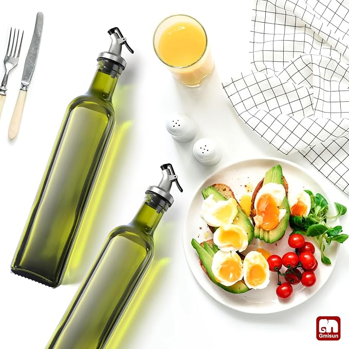 gmisun Olive Oil Dispenser Bottle 4 Pack, Olive Oil Dispenser for Kitchen 17oz, Glass Cooking Soy Sauce Bottle Container Cruet with Plastic Pourer Spout, Green