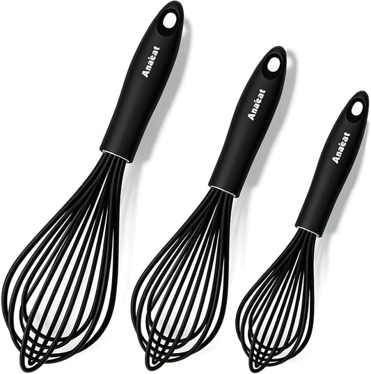 Anaeat Silicone Balloon Whisk, Perfect for Non-Stick Cookware, Milk and Egg Beater Blender, Heat Resistant Kitchen Whisks for Whisking, Cooking, Baking, Beating, Frothing & Stirring (Black)