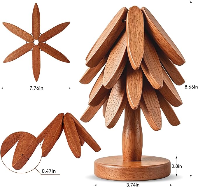 Wooden Tree Trivet Set - 4 Heat-Resistant Sapele Wood Trivets with Stand for Hot Pots and Pans, Kitchen Countertop Protection, Christmas Tree Design Wooden Pot Holders
