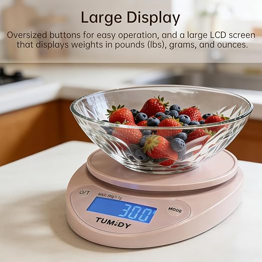 Small Digital Kitchen Scale Food -11lb/5kg Kitchen Weight Scale with LCD Display for Weight Loss, Sourdough Bread, Baking, Cooking, Keto and Meal Prep, 1g Precision, Batteries Included, Pink