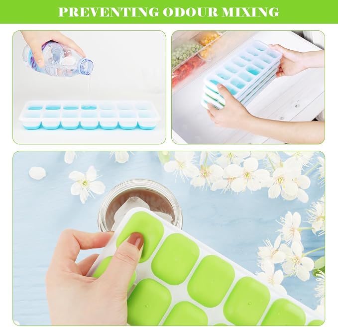 Set of 4 Silicone Ice Cube Trays with Lids, RISVOWO Stackable Ice Cube Mould, LFGB Certified and BPA Free, Reusable Ice Cube Mould for Whisky, Cocktail, Ice Cream, Freezer, Beverages