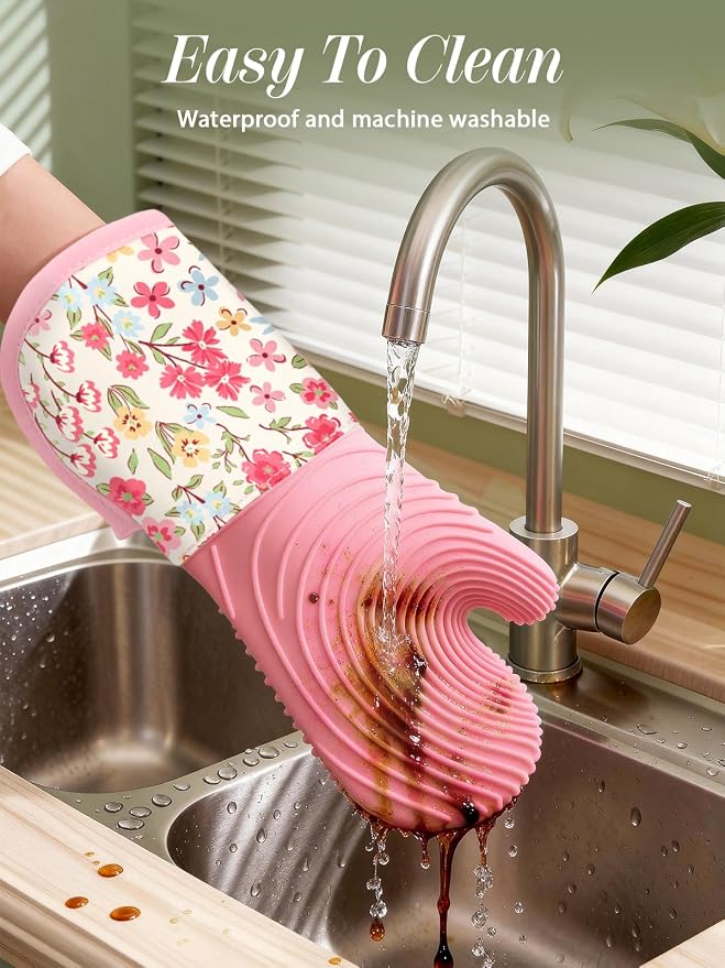 Slohif Long Silicone Oven Mitts Heat Resistant for Women - 2 Pcs Pink-Green Flower 100% Cotton Oven Gloves, Non-Slip and Waterproof Silicone Oven Mitts with Hanger for Baking and Cooking