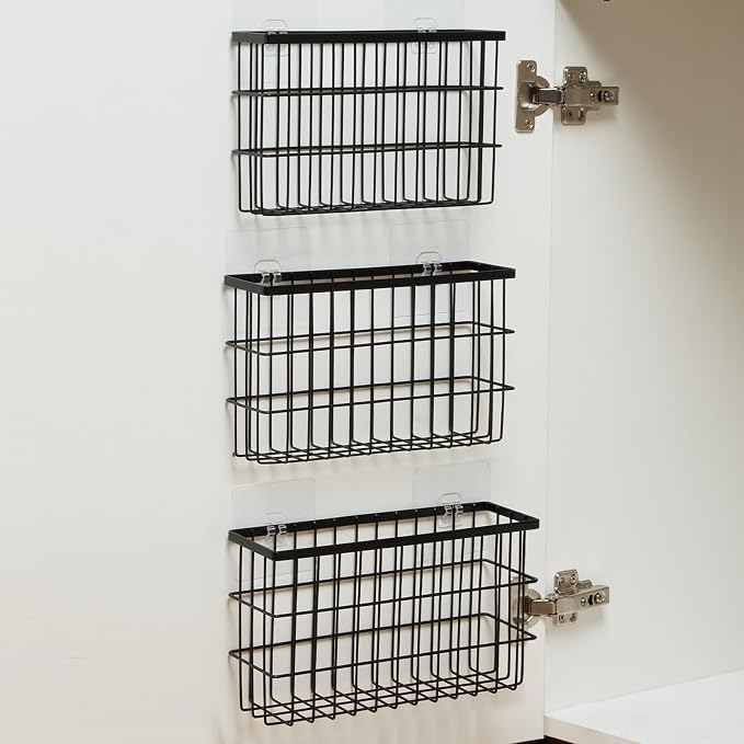 Sinnsally 3 Pack Cabinet Door Organizer,Self Adhesive Lid Organizers Inside Cabinet Storage Boxes,Hanging Storage Basket Organizer Wall Mounted Pantry Caddy Cup Holder for Kitchen,Fridge,Bathroom