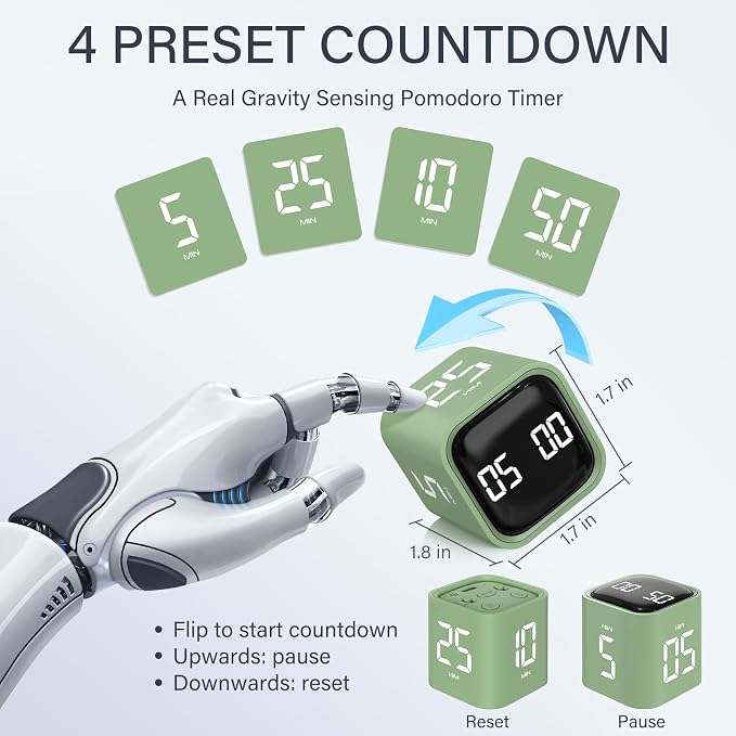 Rotating Pomodoro Timer 5, 25, 10 50 Minutes Preset, Desk Productivity Flip Timer, ADHD Tool Cube Countdown Stopwatch, Vibration/High/Low Volume/Custom Modes, for Work, Study, Back to School, Green