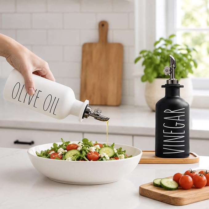 HOMCDALY Premium Olive Oil Dispenser for Kitchen, 11.8oz Glass Oil Bottles with Bamboo Tray, Oil&Vinegar Cruet Set, Kitchen Dispenser Bottles with Pourer | Set of 2 (11.8oz –P–Black&White)