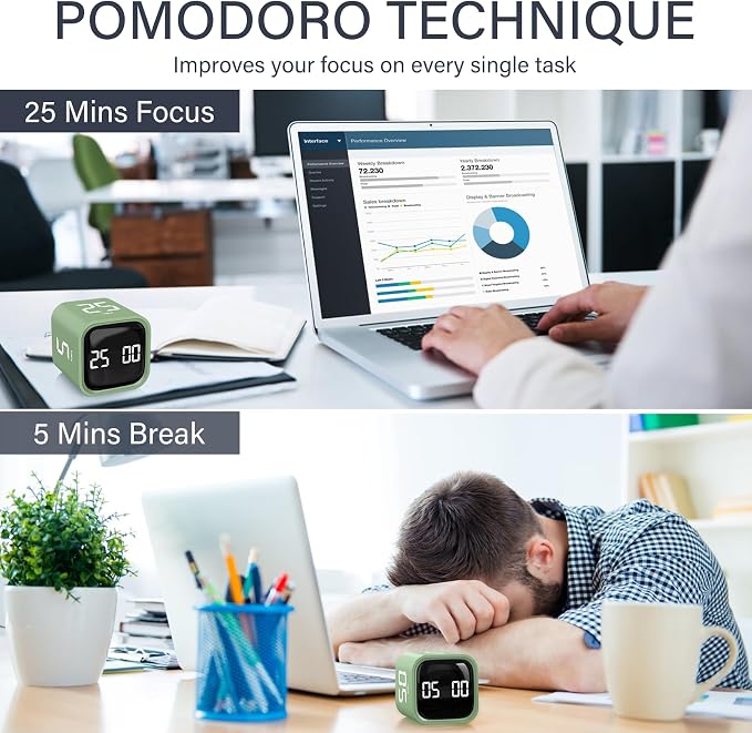 Rotating Pomodoro Timer 5, 25, 10 50 Minutes Preset, Desk Productivity Flip Timer, ADHD Tool Cube Countdown Stopwatch, Vibration/High/Low Volume/Custom Modes, for Work, Study, Back to School, Green