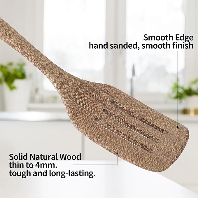 3 Pack Wooden Spatula for Cooking 12 Inches Paddle, Turner, Slotted Spatula, Cooking Utensils for Nonstick Cookware, Kitchen for Fish, Eggs, Pancakes