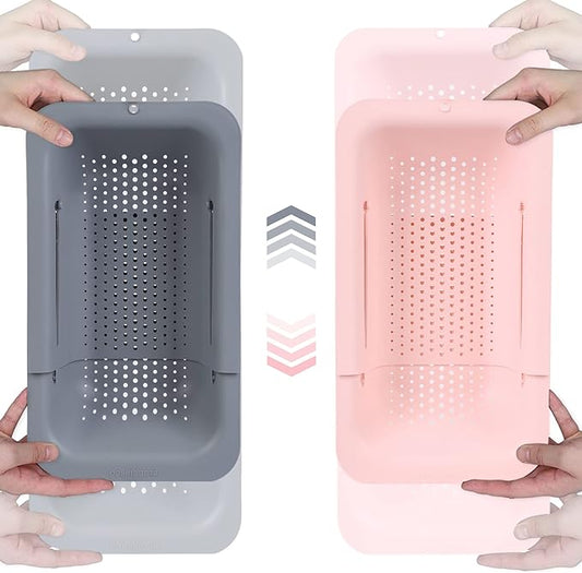 BLUE GINKGO Over the Sink Colander Strainer Basket - Wash Vegetables and Fruits, Drain Cooked Pasta and Dry Dishes - Extendable - New Home Kitchen Essentials (Grey & Pink, 2 Pack)