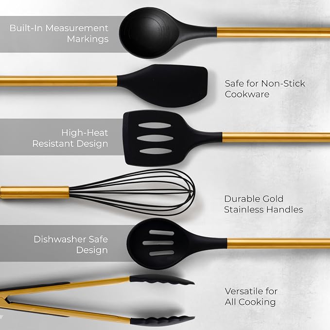 STYLED SETTINGS Black and Gold Kitchen Utensils Set – 8 Piece Silicone Cooking Utensils with Gold Handles, Black Ceramic Utensil Holder & Spoon Rest – Heat Resistant, Nonstick Safe, Sleek Storage