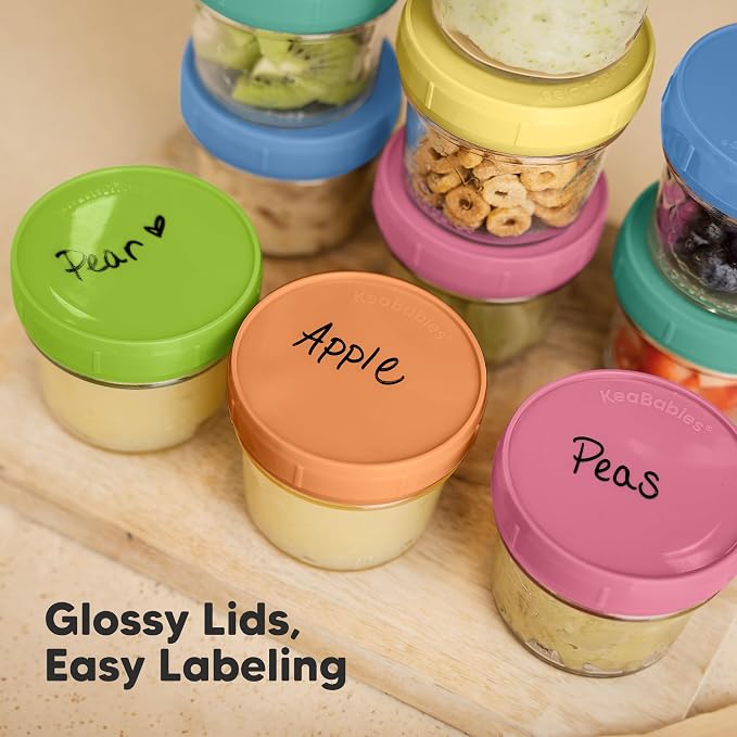 KeaBabies 12pk 4oz Glass Baby Food Containers with Lids, Leak-Proof (Kea) | Microwavable Small Glass Jars, Baby Purees, Toddler Snack Storage Containers, BPA-Free, Dishwasher-safe, Freezer Safe