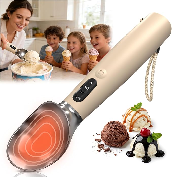 Heated Ice Cream Scoop for Hard Ice Cream, 3-Temp Electric Cordless Ice Cream Scooper, Rechargeable USB-C Fast Charge with LED Display, IP67 Waterproof Head, Easy to Clean - Cream