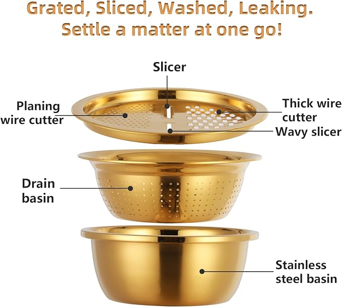 Meisha Colander, 3Pcs Stainless Steel Kitchen Tool 3 in 1 Drain Basket Fruit and Vegetable Cutter Strainer Bowl Set Drain Pot Basket Grater for Fruits Vegetables Rice Washing Mixing, - Iridescent