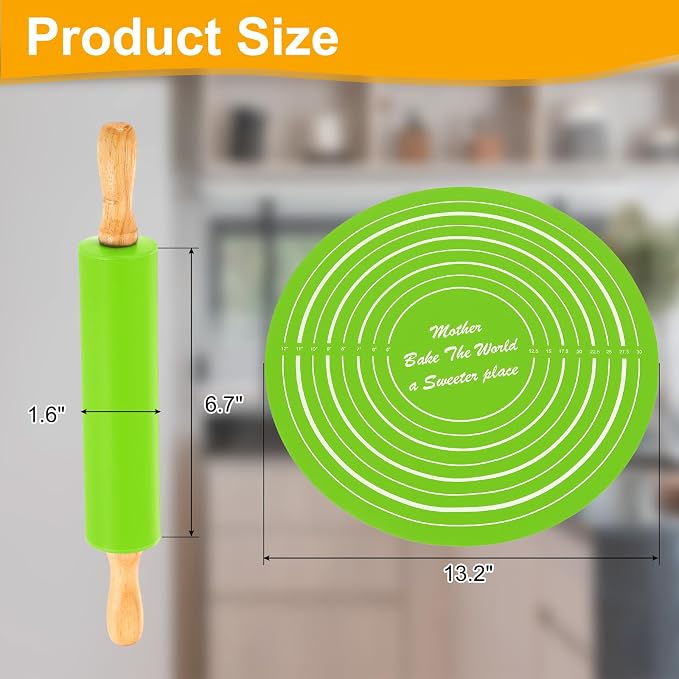uxcell 6.7 Inch Silicone Rolling Pin and Pastry Baking Mat Set Small Dough Roller with Wood Handle for Pizza Pastry Fondant Home Kitchen, Green