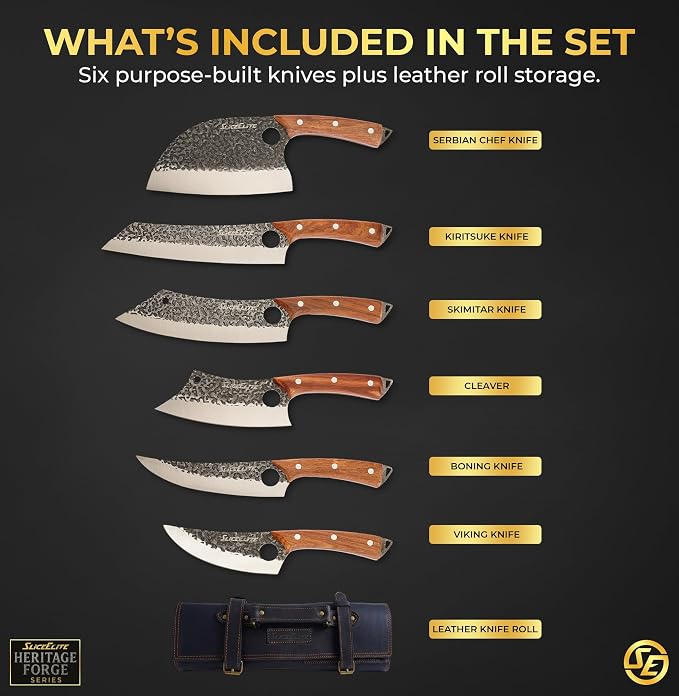 6PC Knife Set Leather Roll Cleaver Serbian Viking Boning Scimitar Kiritsuke | Butcher Knives • Kitchen Knife Set • Meat Cutting • BBQ • Carving • Slicing • Prep • Hammered Pattern Forged Steel Blades