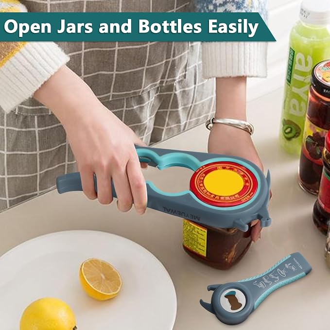 Jar Opener, 6 In 1 Bottle Opener Can Opener for Weak Hands, Jar Openers for Seniors with Arthritis, Multifunctional Lid Opener Kit, Easy Jar Opener Tool for Elderly Adults Kids (Blue)